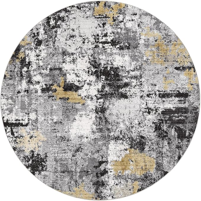 Abstract 10FT Round Rug: Machine Washable Non Slip Ultra Thin Low-Pile Carpet, Soft Stain Resistant for Living Dining Room Bedroom, Kid Pet Friendly, Robot Vacuum Compatible - Black Gold