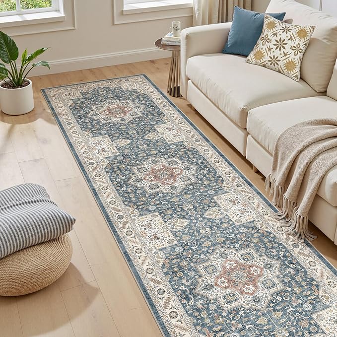Vintage Hallway Runner Rug 2x6: Large Soft Washable Entryway for Kitchen Laundry Room Non-Slip Backing Runner for Entrance Living Room Bedroom Bathroom - Vintage Blue