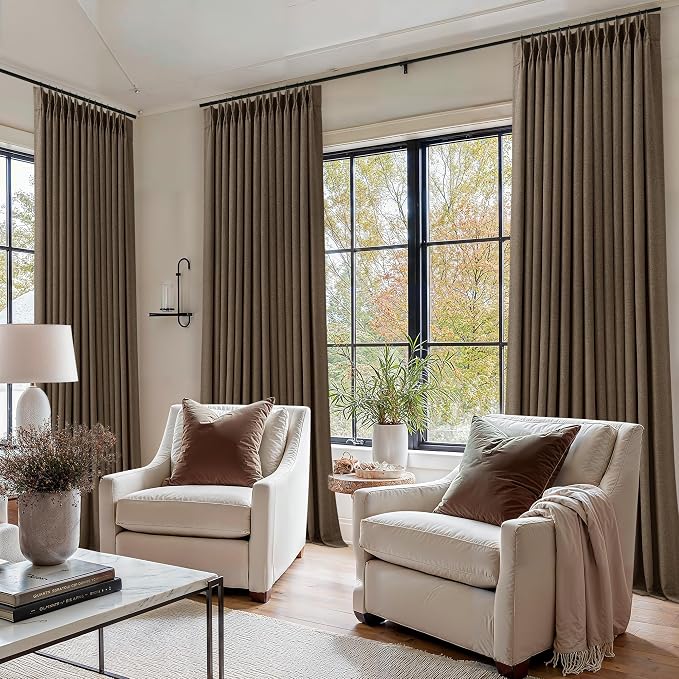 120 Inch Pinch Pleat Drapes Brown Room Darkening Curtains 120 Inches Long for Bedroom Rustic Cottagecore 100% Blackout Thick Linen Double Layer Pleated Curtain 2 Panels Set Dutch Cocoa Decor