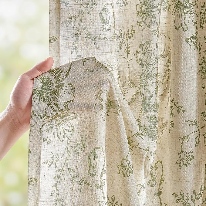 jinchan Linen Blend Floral Curtains for Living Room 84 Inch Length Farmhouse Printed Curtain Rod Pocket Back Tab Sage Green Peony Flower Patterned Drapes Bedroom Curtains Set 2 Panels