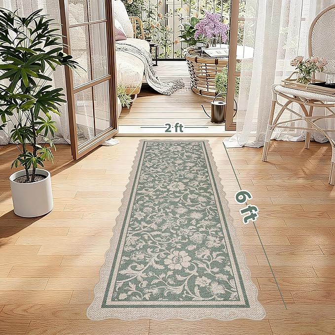 ORTIGIA Scalloped Easy Jute 2x6 Kitchen Runner Rug Vintage Green Floral Farmhouse Washable Rug Non-Slip Outdoor Carpet for Entryway Indoor Hallway Patio Laundry Room