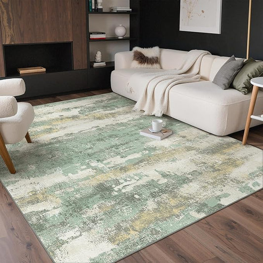 GENIMO No Crease Non Slip 8x10 Area Rugs for Living Room, Craft Woven Modern Rug, Soft Floor Carpet, Single-Piece Rugs for Bedroom, Dining Room, Office, Green Gray