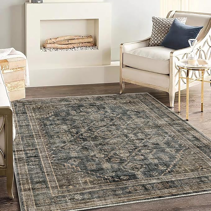 CHAMPLANT Washable Area Rug 3'x5' Vintage Traditional Floor Cover Foldable Thin Rugs Retro Kitchen Indoor Distressed Non Slip Carpet Floral Print Mat Bedroom Living Room