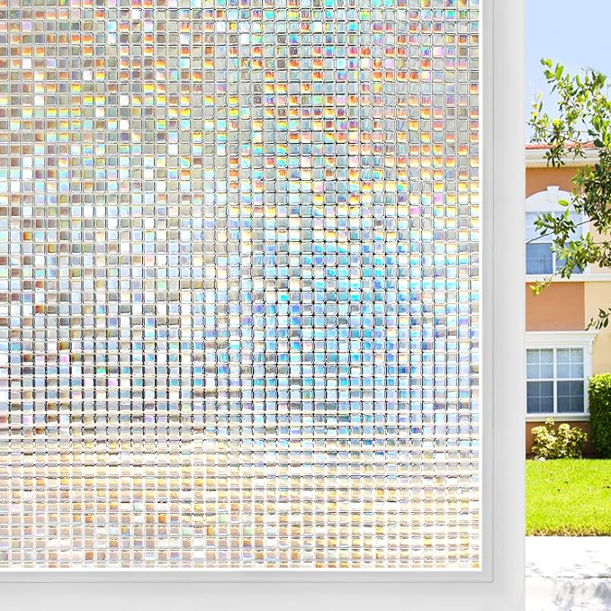 rabbitgoo Window Privacy Film, Mosaic Stained Glass Film, 17.5" x 157.4" | Rainbow Decorative Removable Static Cling Tint, UV Blocking Reduce Heat, Non-Adhesive Privacy Covering for Home, Office