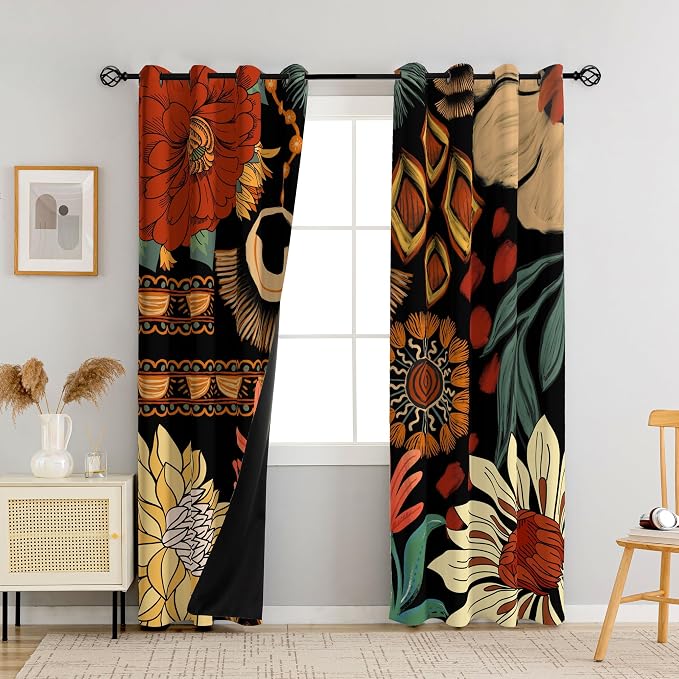Tyrot 100% Blackout Black Boho Floral Curtains for Living Room 96 inch Long 2 Panels Mid Century Botanical Black Out Curtains for Bedroom Grommet Thermal Insulated Room Darkening Window Drapes,52Wx96L