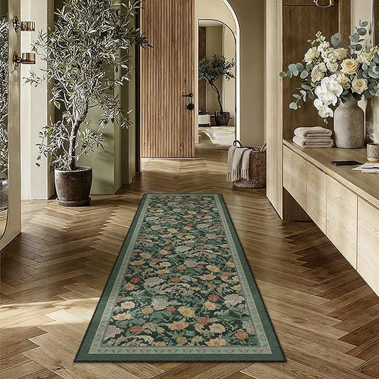 HUGEAR Retro 2x6 Runner Rugs Washable Hallway Rug Vintage Floral Throw Carpet Dark Green Stain Resistant Non Slip Low Pile for Home Aesthetic Modern Decor