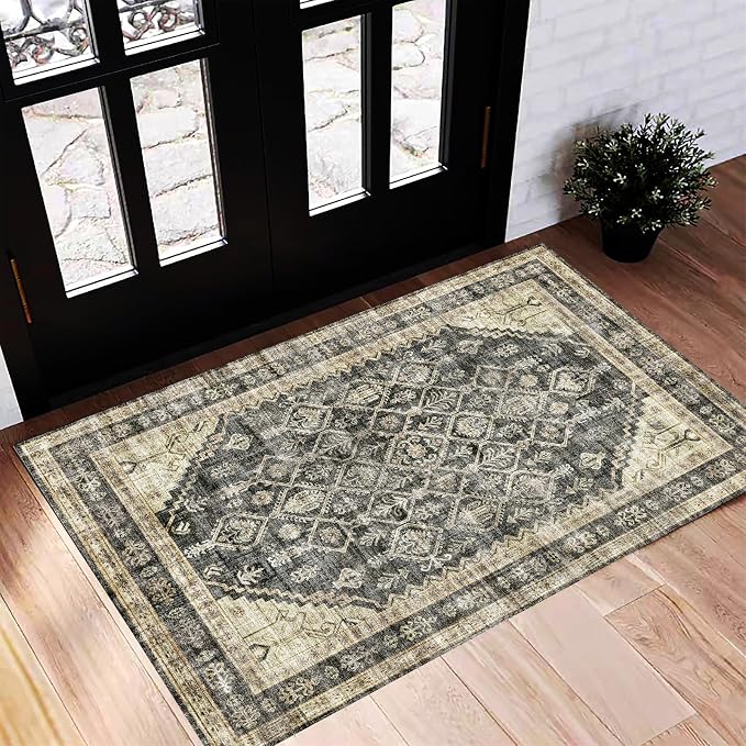 CHAMPLANT Washable Area Rug 2'x3' Door Mat Vintage Distressed Doormat Indoor Entrance Traditional Thin Rug Floral Print Non Slip Carpet for Kitchen Bathroom Bedroom Living Room