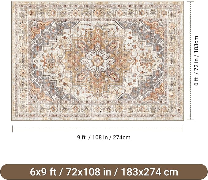befbee 6x9 Area Rugs for Living Room,Super Soft Ultra-Thin Stain Resistant Machine Washable Rugs for Bedroom,Non-Slip Backing Large Area Rug (Turmeric/Grey, 6'x9')