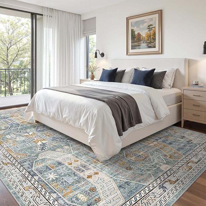 befbee Washable Rug 8x10 Area Rugs for Living Room - Stain Resistant Non-Slip Backing Rugs for Bedroom - Vintage Large Area Rug (Blue/Gold, 8'x10')