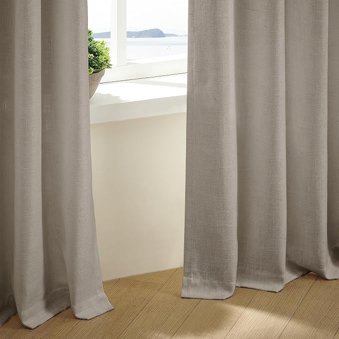 Pinch Pleated Linen Curtains 100 Inches Long for Living Room 2 Panels Set Greyish Beige Flax Double Pleated Drapes Back Tab Farmhouse Ceiling Floor 100 Inch Window Curtains Bedroom Burlywood Birch