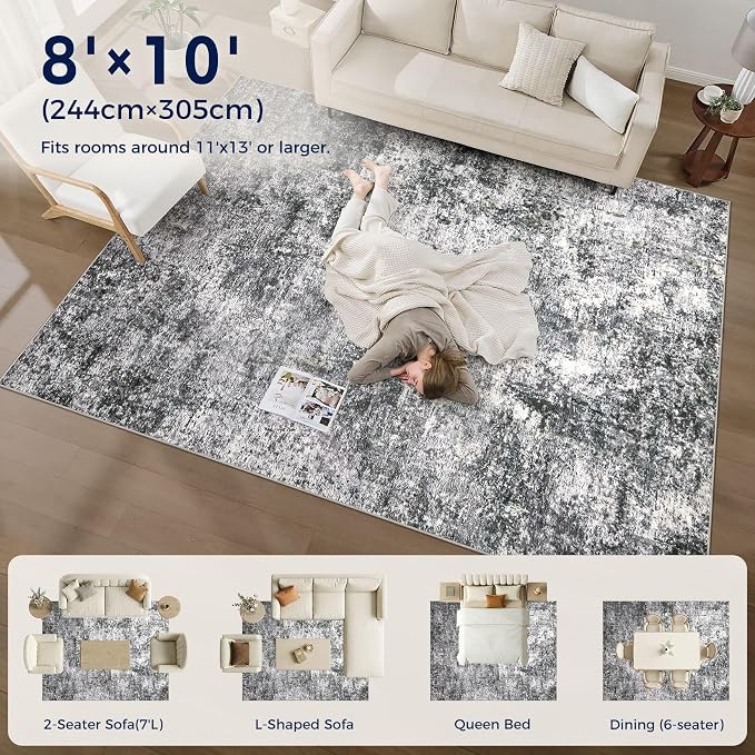 Area Rug Living Room Rugs - 8x10 Large Soft Indoor Neutral Modern Abstract Low Pile Washable Rug Carpet for Bedroom Dining Room Farmhouse Home Office - Grey