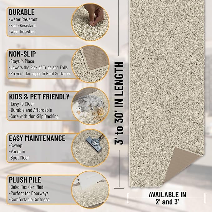 Ottomanson Shag Area Rug 3' x 4', Fluffy Bedroom Rug with Non-Slip Rubber Backing, Soft Non-Shedding Accent Rug for Living Room, Nursery, Entryway, Dorm, Cream