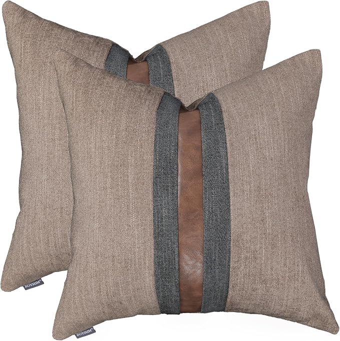 Set of 2 Leather Throw Pillow Covers Cotton Linen Decor Patchwork Pillow Cover Faux Leather Pillows Cover for Couch Sofa Living Room Bedroom,Coffee 20"x20"