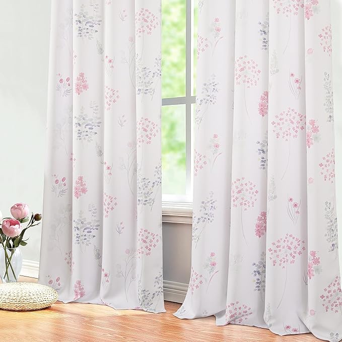 XTMYI Pink and Grey Curtains for Bedroom Closet Door,80% Blackout Room Darkening Boho Floral Print Pattern Coquette Cute Dorm Curtains for Girls Living Room 84 Inches Long,Light Pink Gray Green