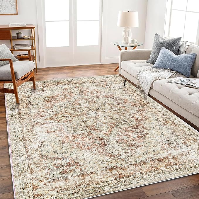 CHAMPLANT Washable Area Rug 4'x6' Vintage Traditional Floor Cover Foldable Thin Rugs Retro Kitchen Indoor Distressed Non Slip Carpet Floral Print Mat Bedroom Living Room