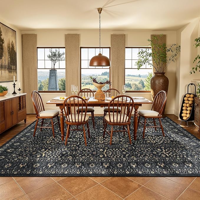 Lofus 9x12 Large Black Area Rug for Living Room & Bedroom Washable Non-Slip | Soft Boho Vintage Area Rugs for Bedroom Dinning Room Home Office Indoor