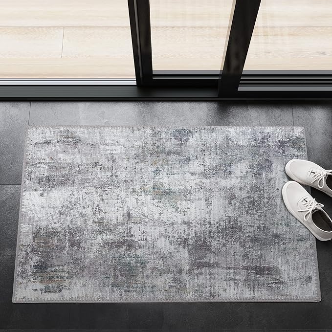 GLN Rugs Contemporary Collection - Machine Washable Area Rug, Contemporary Washable, Non Slip, Low Pile Chenille Rug, Living Room, Bedroom, Kitchen Rug (3' x 5' Grey/Green)