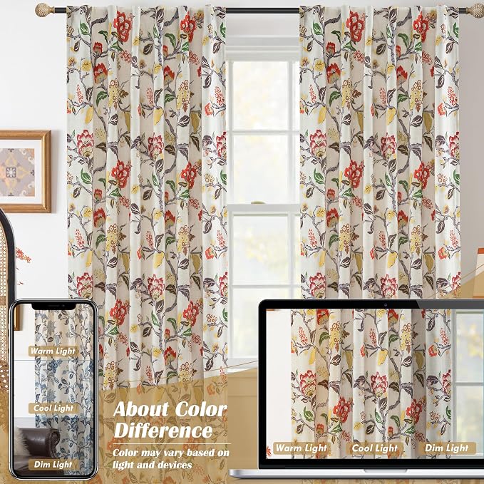 DriftAway Ada Floral Botanical Print Flower Leaf Lined Thermal Insulated Room Darkening Linen Blackout Back Tab Window Curtains 2 Layers Set of 2 Panels Each 52 Inch by 96 Inch Orange Terra Cotta