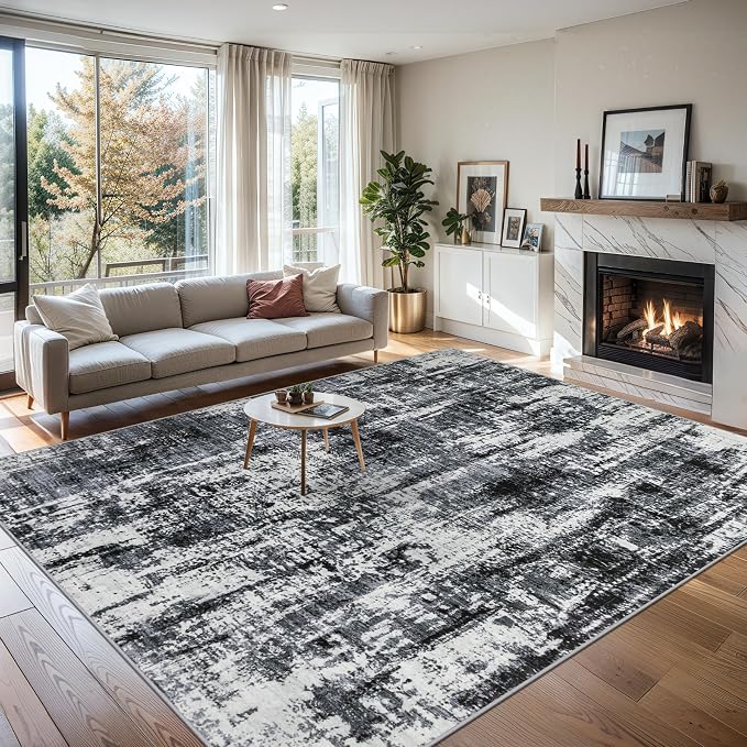 Area Rugs Living Room Rug - 5x7 Washable Modern Abstract Soft Neutral Non-Slip Carpet Large Indoor Floor Thin Carpets for Bedroom Dining Room Farmhouse Nursery Home Office Black