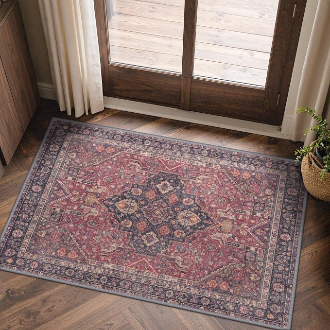 GENIMO Area Rug 2x3 Doormat, Machine Washable Low Pile Rugs, Small Retro Entryway Mat for Entrance, Hallway, Kitchen and Corridor,Vintage Scarlet