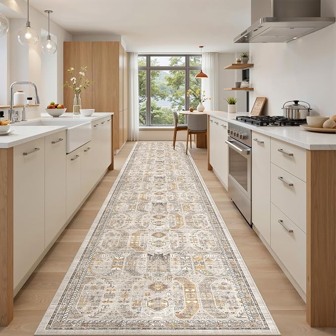 2'6" x 16'Non Slip Runner Rugs - Runners for hallways, Kitchen,Entryway,Stain Resistant Washable Rugs for Bedroom, Indoor Vintage Area Rugs (Brown/Gold,2'6" x 16')