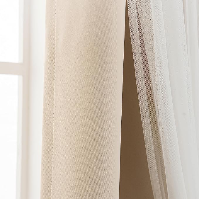 INLINAS Beige Blackout Curtains with Sheer Overlay - Grommet Top Thermal and Noise Reduction Panels for Bedroom and Living Room Light Blocking and Energy Saving, 52 x 72 Inches, Set of 2