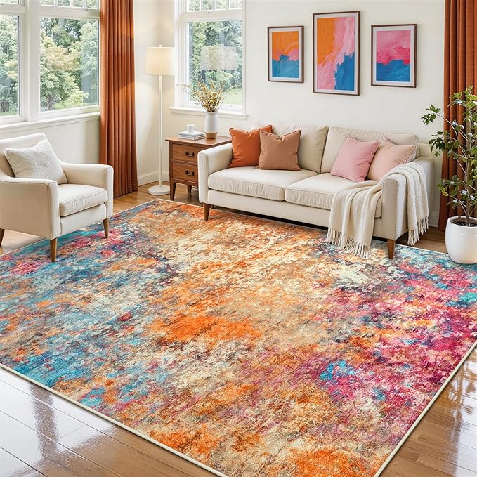 8x10 Area Rugs for Living Room Rug Washable: Abstract Large Rug for Dining Room Bedroom Carpet Non Slip 8 by 10 Indoor Modern Nursery Home Office Colorful