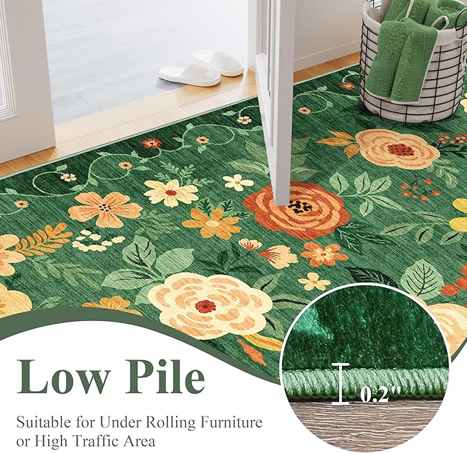 DUKINO 5x7 Area Rug, Floral Rugs for Living Room, Lightweight Non Slip Washable Rug, Indoor Low Pile & Non-Shedding Boho Design Rugs for Bedroom, Playroom, Dining Room, Dark Green