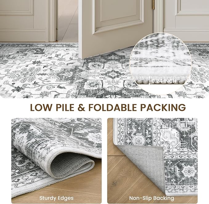 Area Rugs for Living Room 4x6, Boho Non-Slip Low Pile Carpet Washable Rugs for Bedroom,Office, Dining Room Grey
