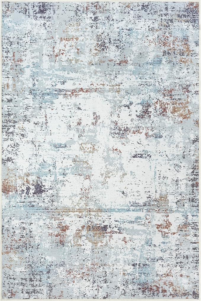 GLN Rugs Contemporary Collection - Machine Washable Area Rug, Contemporary Washable, Non Slip, Low Pile Chenille Rug, Living Room, Bedroom, Kitchen Rug (8' x 10' White/Grey/Blue/Brown)