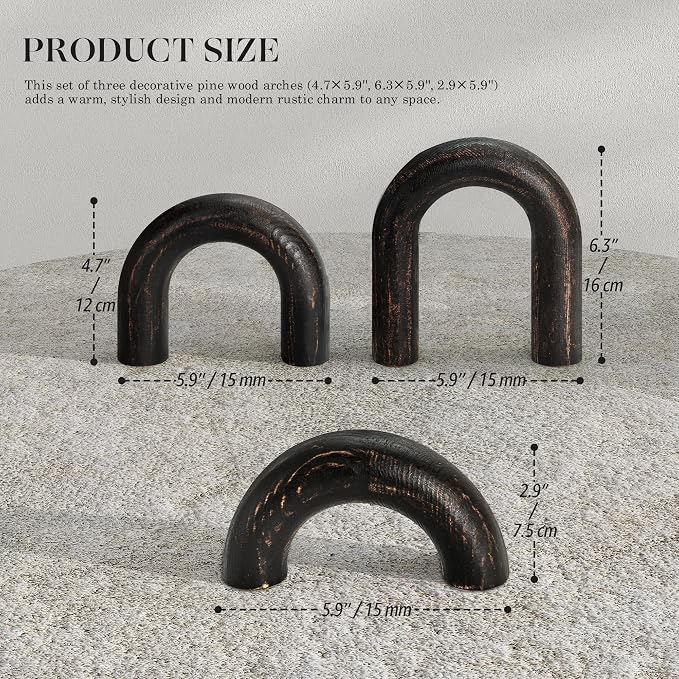 EOSAHR Pine Wooden Arch Decor Set for Home Decor - Wood Sculpture for Coffee Table, Entable & Bookshelf Decor - Decorative Objects for Floating Shelf Decor Items (Distressed Black)