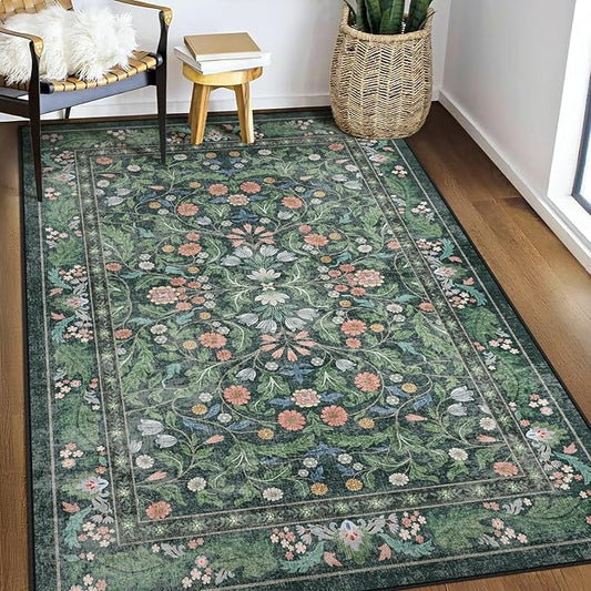 Floral Indoor Entrance 3x5 Area Rug, Washable Vintage Boho Entryway Rugs, Low Pile Non Slip Soft Carpet for Kitchen, Bedroom Beside, Laundry Room, Office Rug, Kids Room, Nursery Room， Green