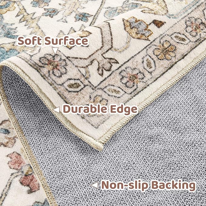 3x5 Washable Entryway Rug: Non-Slip Soft Vintage Floral Indoor Area Rug for Living Room Large Kitchen Entryway Bedroom Bedside, Door Mat Throw Carpet for Laundry Foyer Home Decor (Blue)