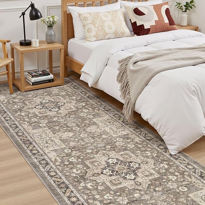 Vintage Hallway Runner Rug 3x8: Large Soft Washable Entryway for Kitchen Laundry Room Non-Slip Backing Runner for Entrance Living Room Bedroom Bathroom - Brown