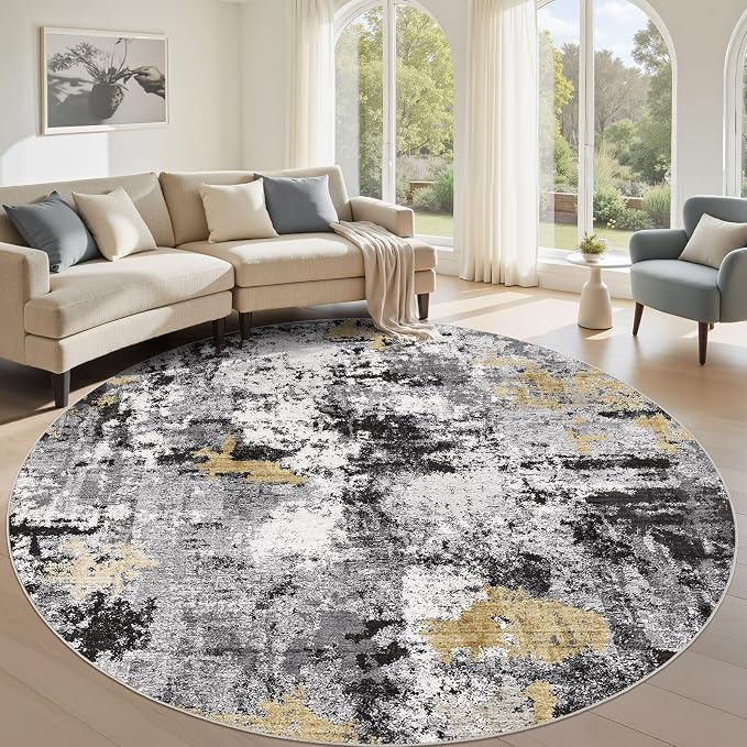 Abstract 9FT Round Rug: Machine Washable Non Slip Ultra Thin Low-Pile Carpet, Soft Stain Resistant for Living Dining Room Bedroom, Kid Pet Friendly, Robot Vacuum Compatible - Black Gold