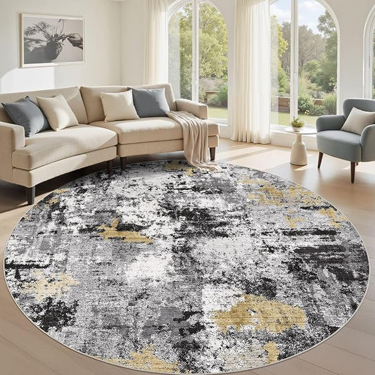 Abstract 9FT Round Rug: Machine Washable Non Slip Ultra Thin Low-Pile Carpet, Soft Stain Resistant for Living Dining Room Bedroom, Kid Pet Friendly, Robot Vacuum Compatible - Black Gold