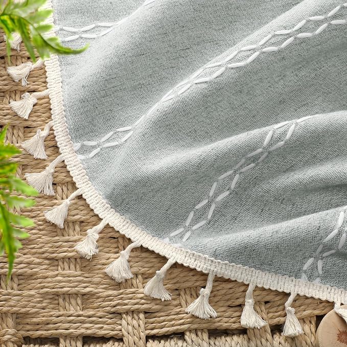 Teal Boho Blackout Curtains 96 Inches Long Light Green Linen Blend 2 Panels with Tassels and Cotton Embroidery, Farmhouse Vintage Rustic Rod Pocket Drapes for Living Room or Bedroom