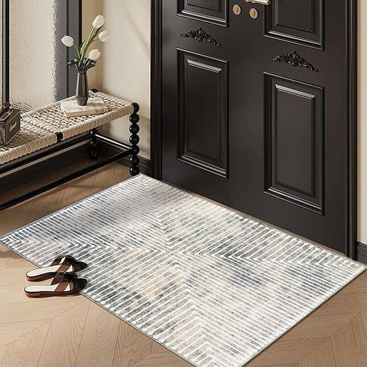 GLN Rugs Contemporary Collection - Machine Washable Area Rug, Contemporary Washable, Non Slip, Low Pile Chenille Rug, Living Room, Bedroom, Kitchen Rug (2' x 3' Lines Cream)