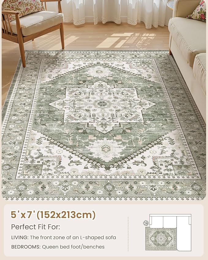 5x7 Vintage Area Rug: Washable Neutral Soft Non Slip Thin Large Floor Carpet for Living Room Bedroom Kitchen Dining Room Home Office Farmhouse Indoor - Green