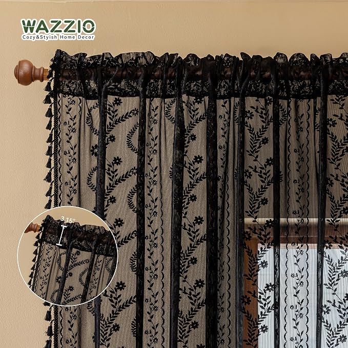 WAZZIO Boho Lace Curtains 63 Inch -Vintage Victorian Sheer Panel Drape Floral Pattern & Tassel Light Filtering Privacy for Bedroom Dining Living Room,Black Gothic Halloween Decor,2 Panels,W52 x 63L