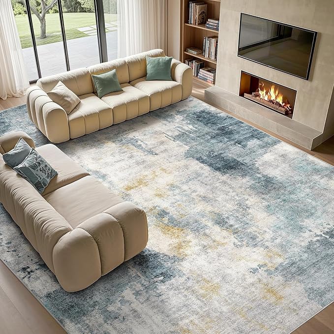 Tortania Washable 8x10 Area Rug for Living Room: Modern Abstract Neutral Large Soft Thin Rugs - Non Slip Indoor Carpet for Bedroom Dining Room Office Nursery Home Floor Decoration - Blue