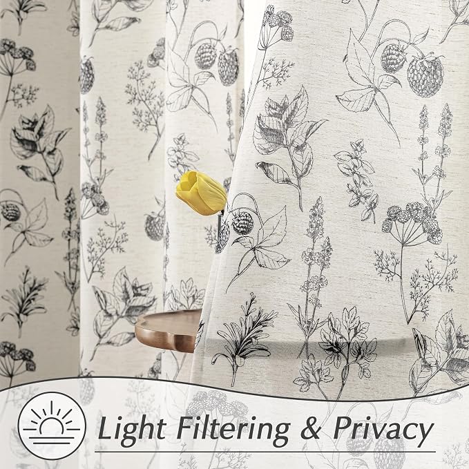 FMFUNCTEX Linen Curtains Floral Patterned Curtain for Bedroom Living Room, Black Curtains 63 Inch Length Farmhouse, Light Filtering Beige Window Curtain Grommet Top 2 Panels Set