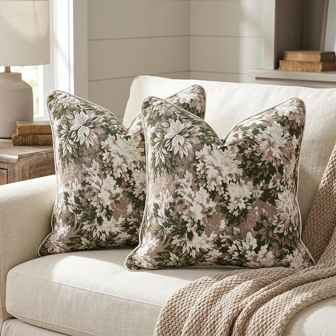 Vintage Floral Throw Pillow Covers 18x18 Inches Set of 2 Boho Farmhouse Pillow Cases Premium Chenille Textured Decorative Cushion Covers for Couch Retro Garden Farmhouse Style Green