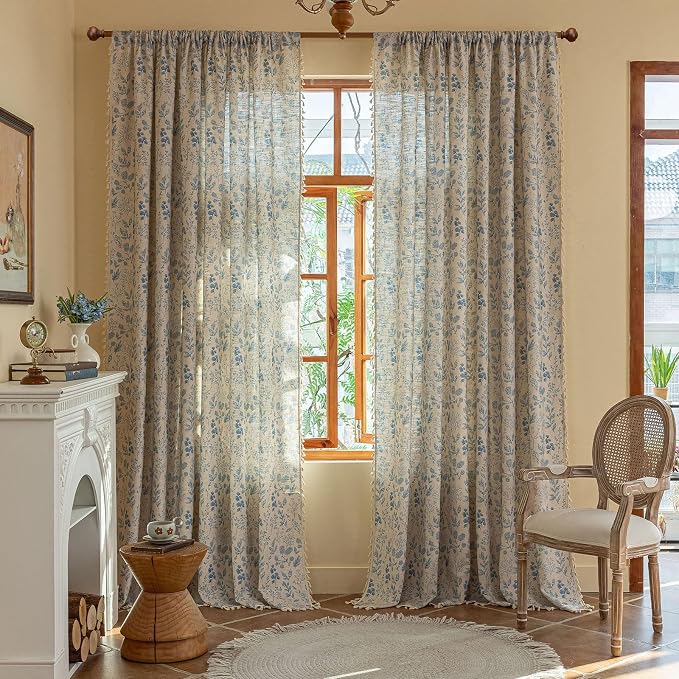 OYX Boho Floral Curtains 84 Inch Length 2 Panels, Linen Farmhouse Curtains Light Filtering Drapes with Tassels for Bedroom Living Room, Vintage Rustic Printed Rod Pocket