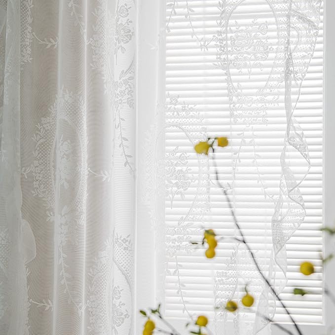 Sutuo Home White Lace Curtains 2 Panels 72 Inches Long for Bedroom Living Room, Vintage Embroidered Floral Rose Sheer Curtains, Privacy Farmhouse Windows Treatment Pair, Rod Pocket, W57 x L72