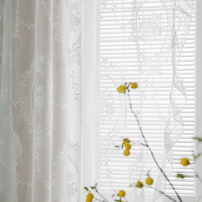 Sutuo Home White Lace Curtains 84 Inches Long 2 Set, Sheer Panels Rose Floral Embroidery Vintage Voile Window Treatment Pair for Bedroom Living Room, Retro Christmas Decor Rod Pocket, W57 x L84