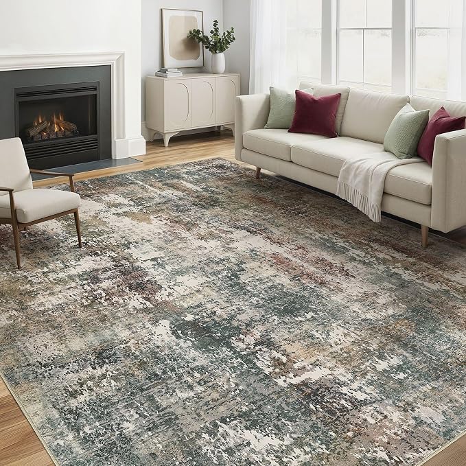 6x9 Area Rug Washable Rugs: Living Room Large Abstract Modern Soft Stain Resistant Indoor Floor Non-Slip Accent Carpet for Bedroom Nursery Playroom Office Dining Room Dorm Home House- Green Red