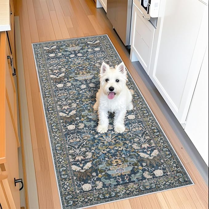 2x5 Decorative Vintage Hallway Runner: Washable Oriental Pet-Friendly Soft Carpet for Bathroom Bedroom Non-Slip Laudry Floor Mat - Low Pile Non-Shedding Rug for Apartments & Homes(2x5,Floral/Blue)