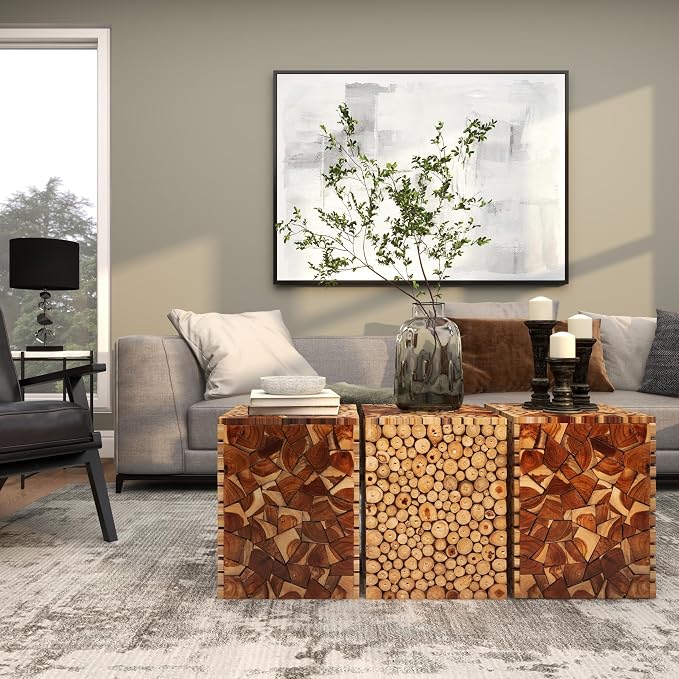 Deco 79 Teak Wood Side Table, 14" x 14" x 18", Varnished Brown | Distinctive living room style, wood side table for living room, brown end table, handmade, mosaic wood chip design