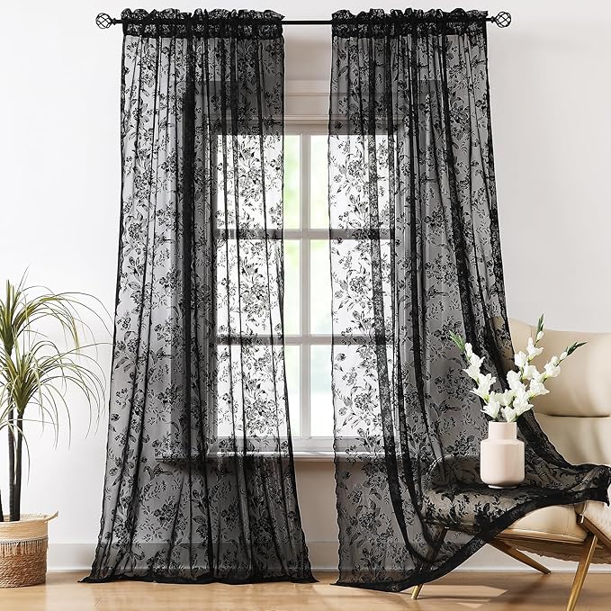 Treatmentex Black Floral Lace Curtains 63" Length for Bedroom, Exquisite 3D Floral Knitted Rose Sheer Window Drapes for Living Room, Studio. Modern Gothic Sheer Lace Curtains. 52" W 2Pack, Rod Pocket